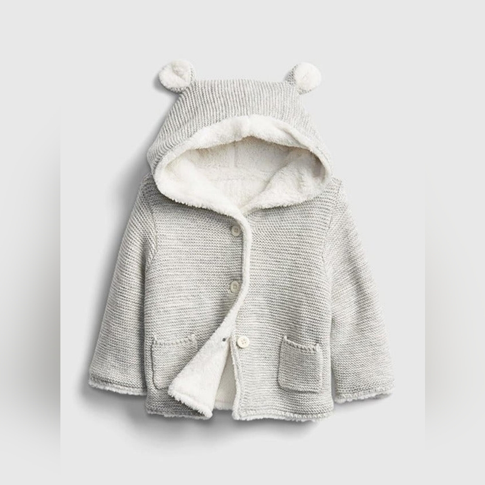 GAP Baby Bear Heather Gray Knit Sherpa Lined Hoodie Sweater